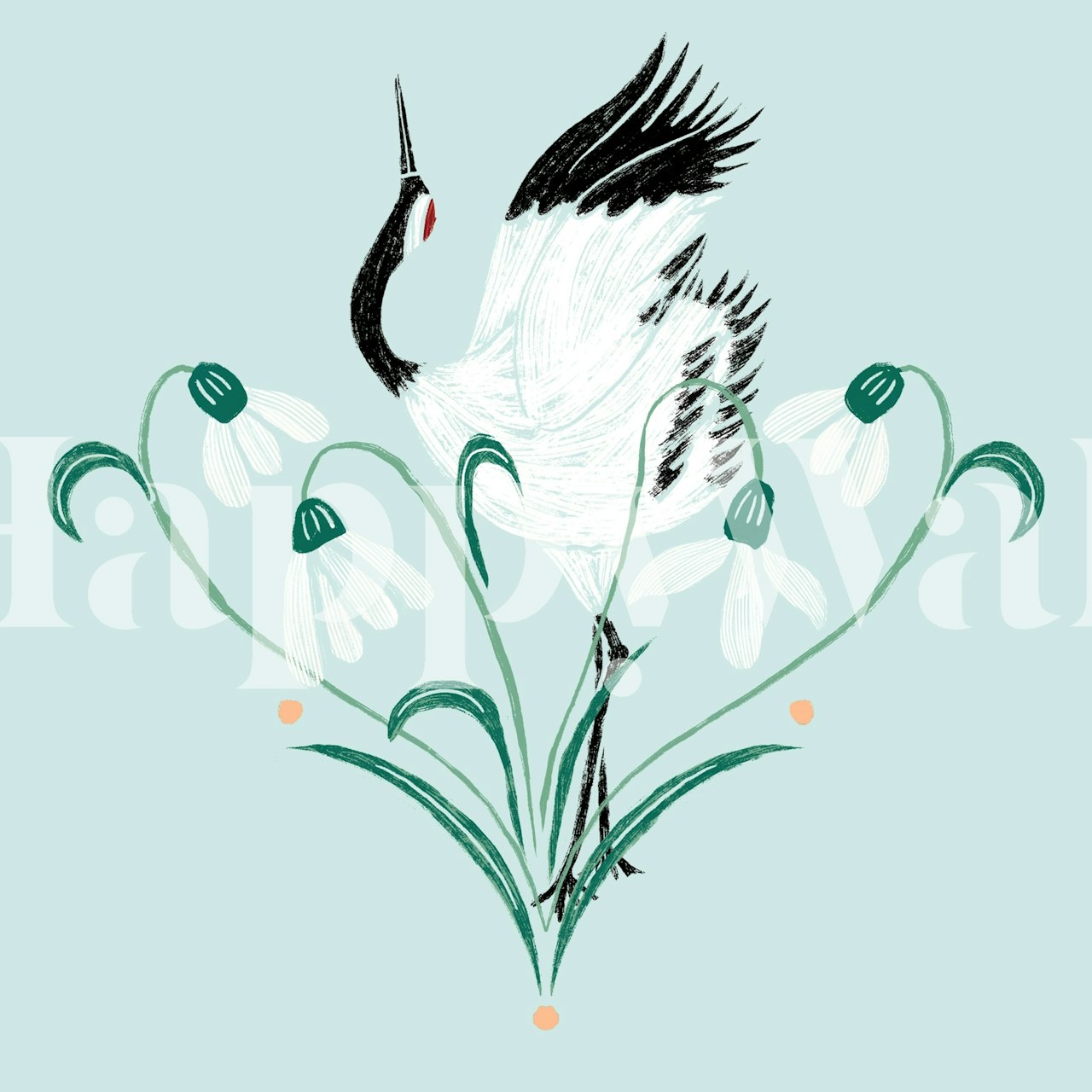 Black and white crane with green and white daisies wallpaper