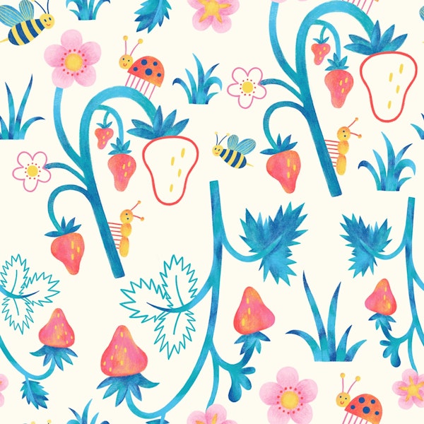 Summer Strawberry Scene with Bees and Bugs