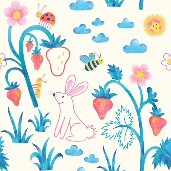 Strawberry Scene with a Hare, Bee, Sun