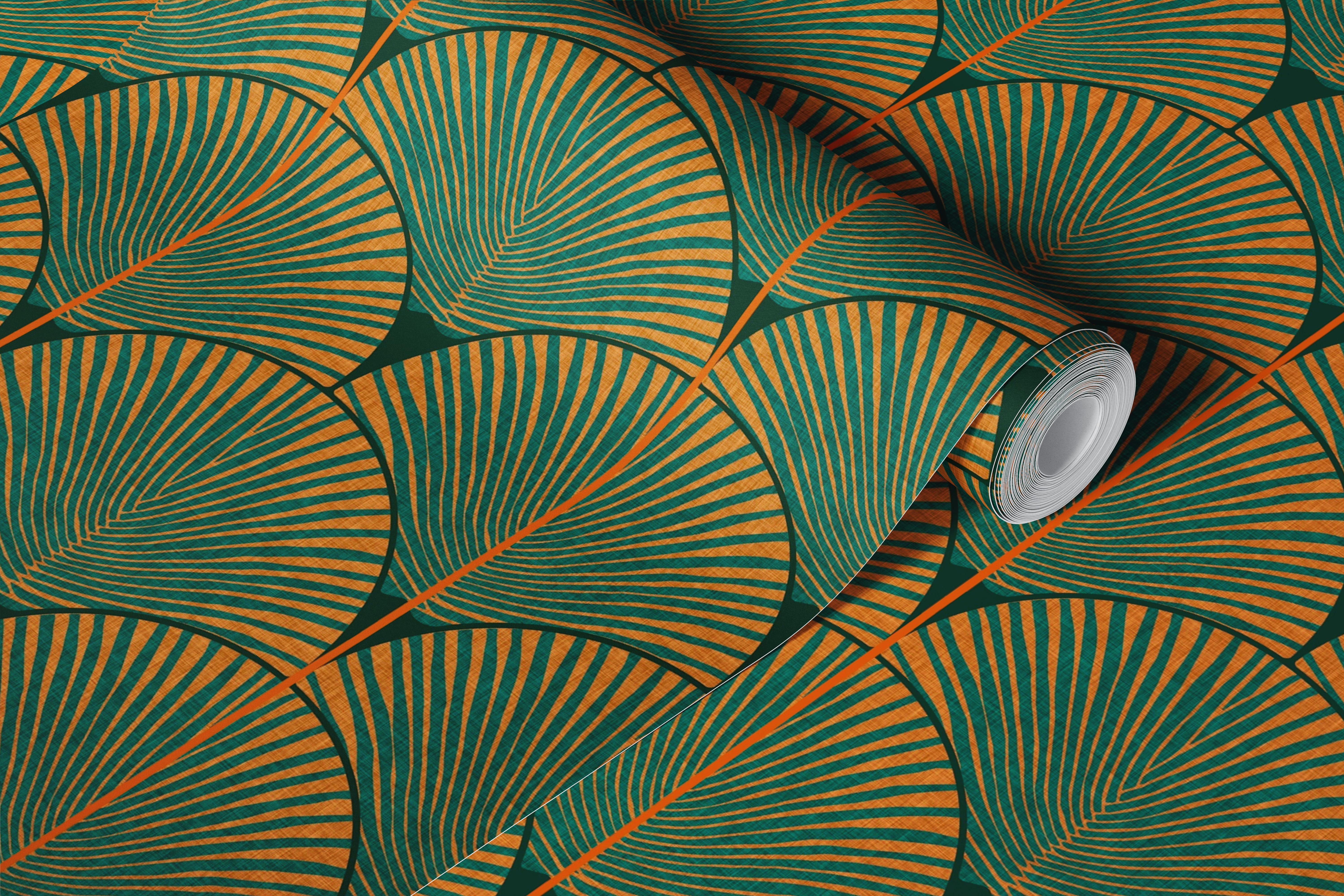 Green and orange palm leaf geometric pattern wallpaper