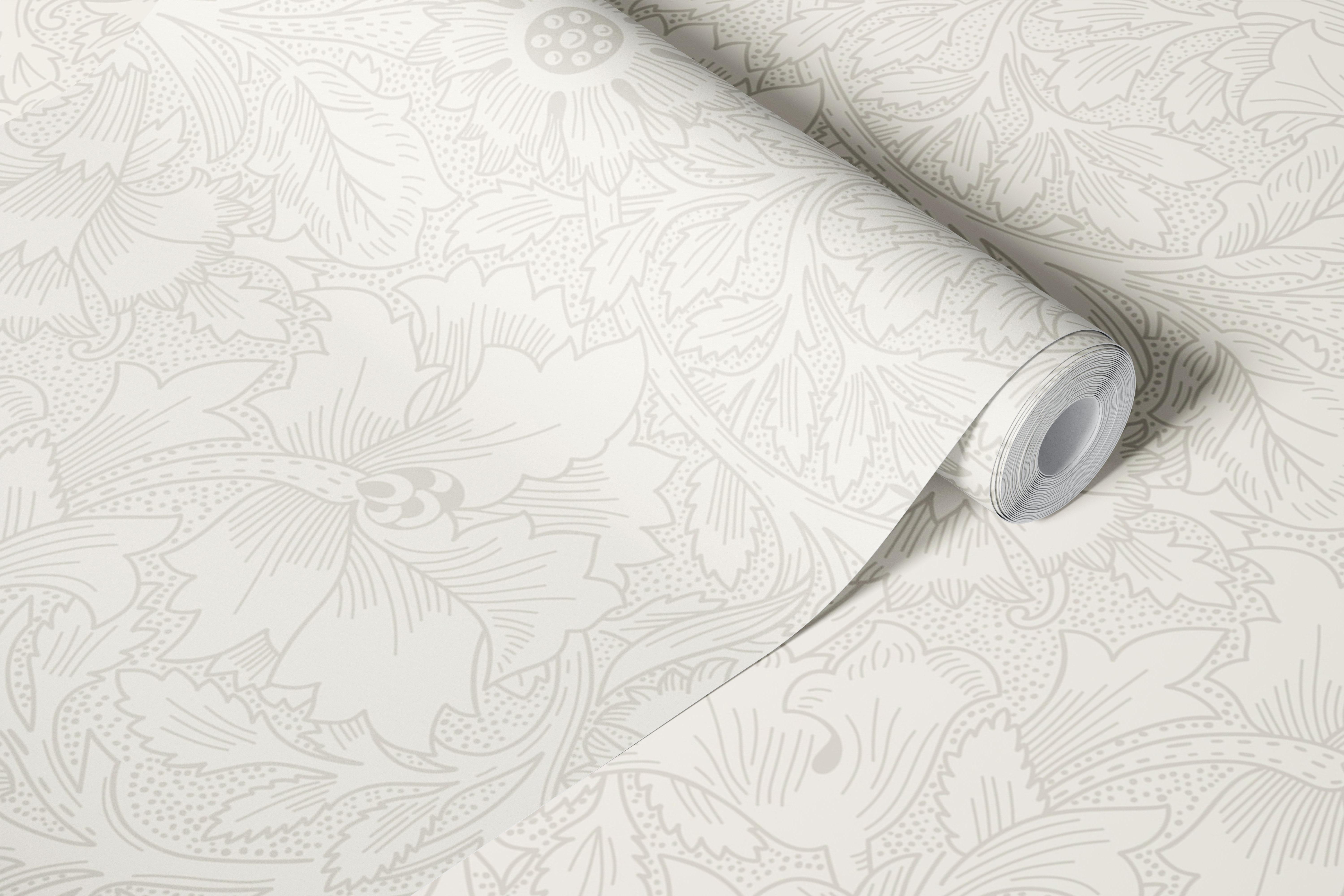 White floral pattern with green leaves wallpaper
