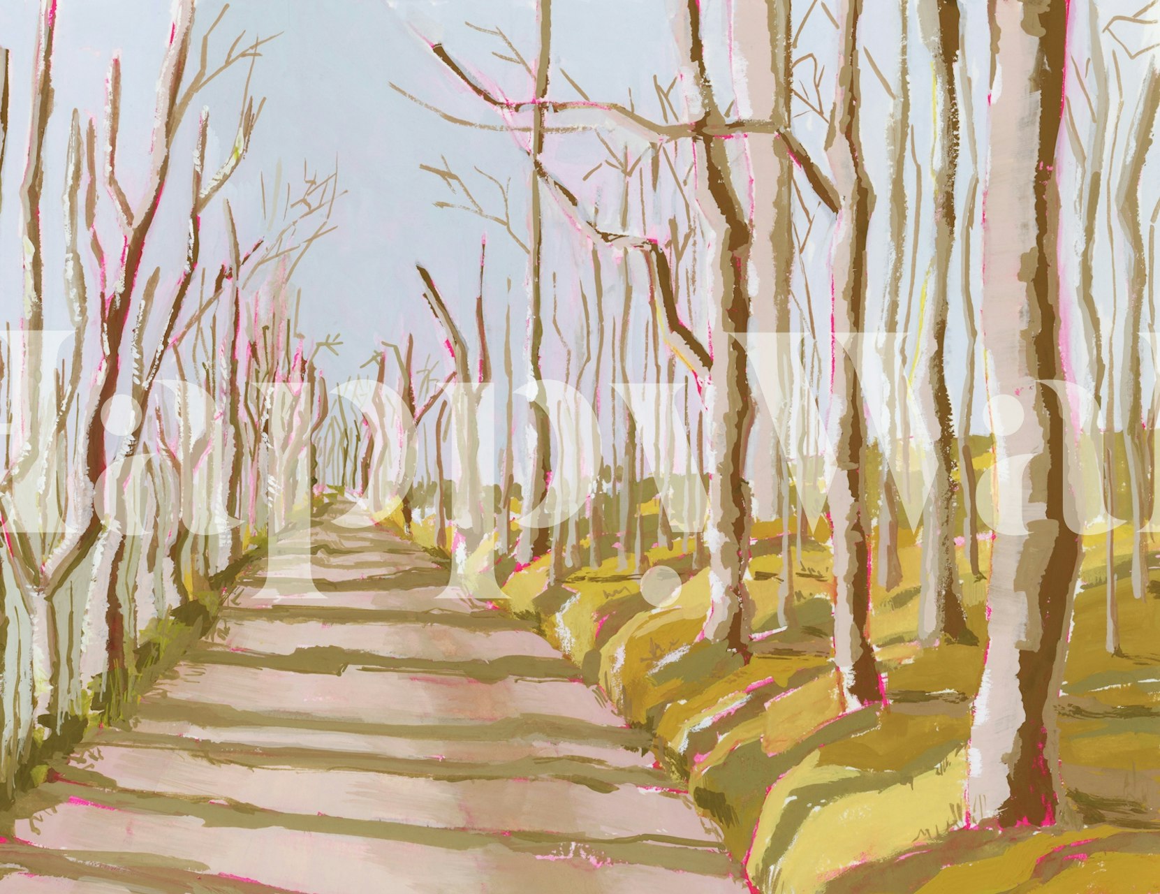 Autumn path with trees and beige ground wallpaper