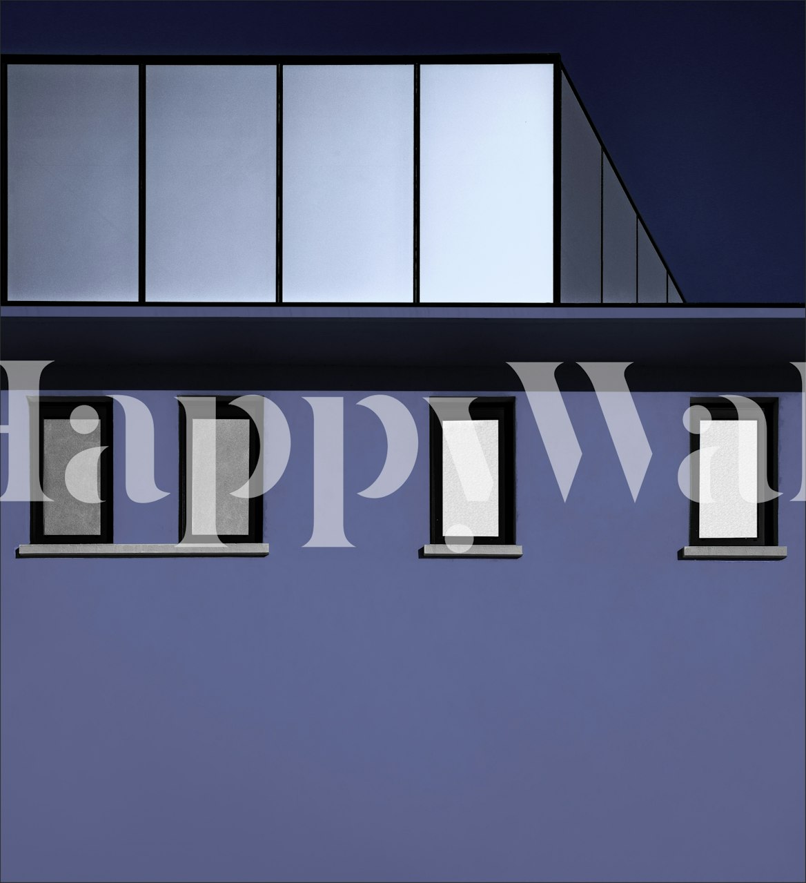 Minimalist architectural wall mural in shades of blue with windows