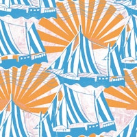 Blue sailboat and orange sunrise carta da parati