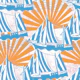 Blue sailboat and orange sunrise