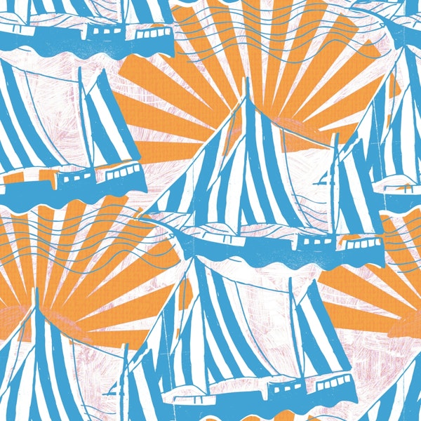 Blue sailboat and orange sunrise