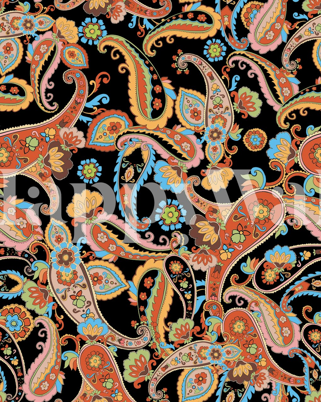 Colorful paisley floral patterns on dark background wallpaper