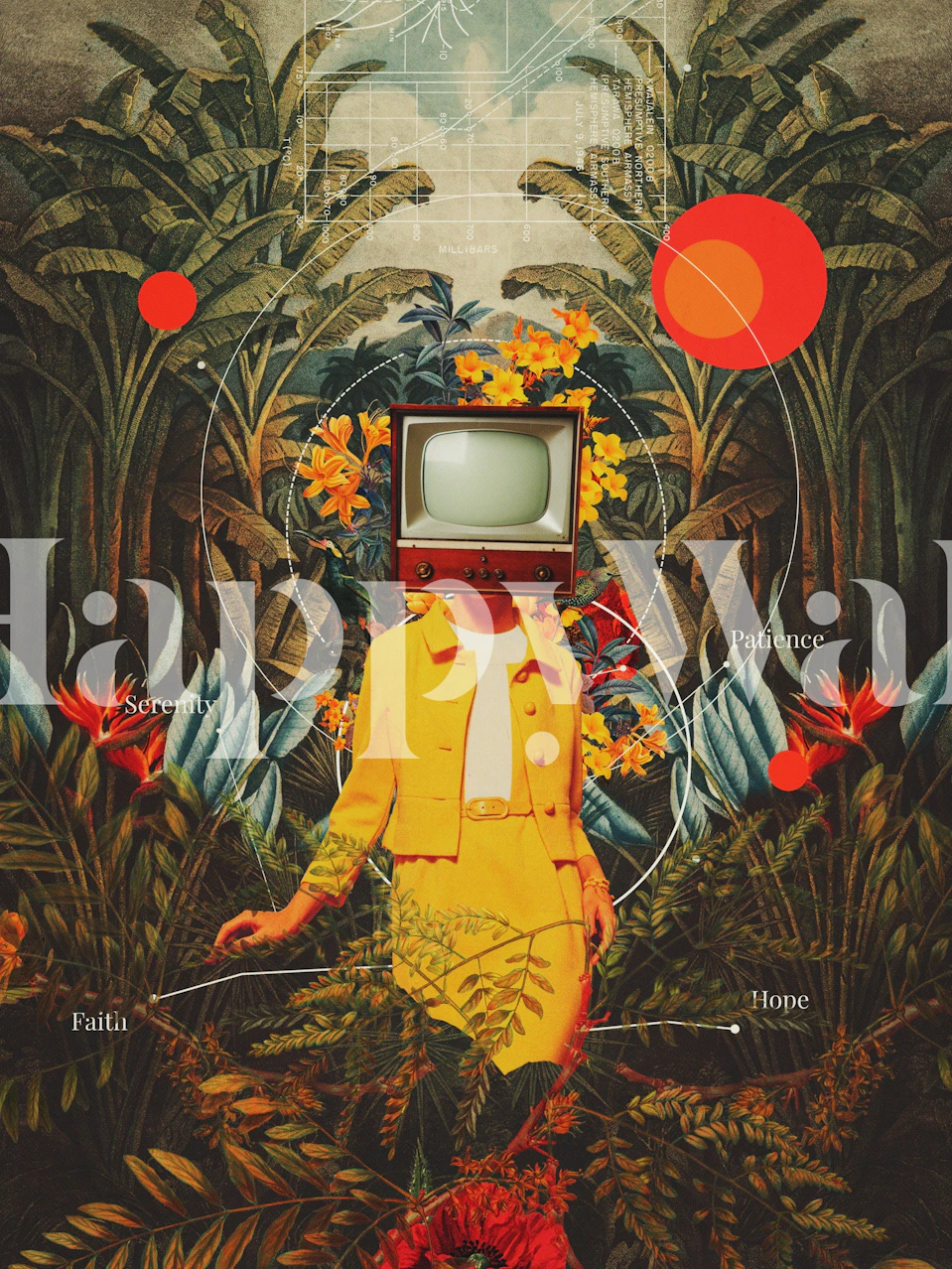 Umělecké dílo ženy v přírodě s hlavou televizoru