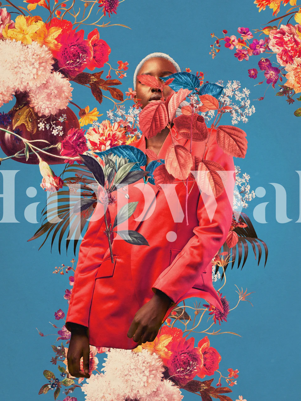 Vibrant floral patterns with tropical plants and colorful flowers on a blue background wallpaper