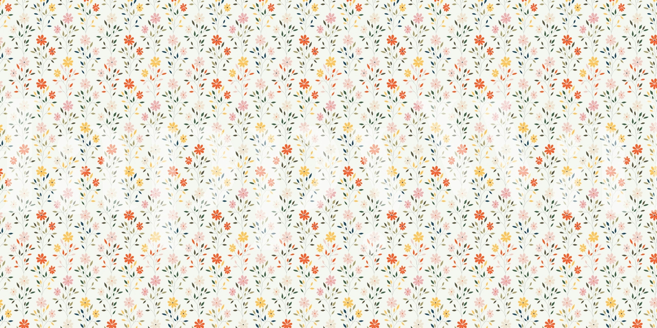 Colorful floral pattern with pink, orange, yellow flowers on white wallpaper