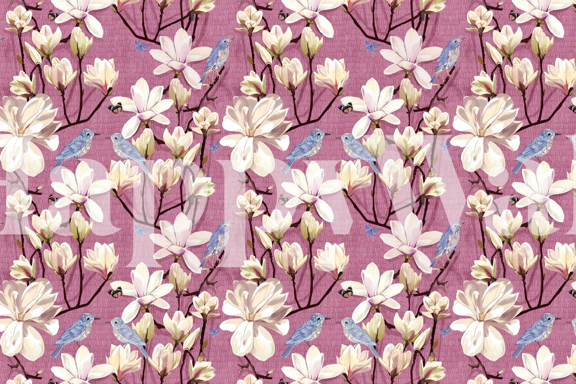Blue birds and magnolias wallpaper in a room