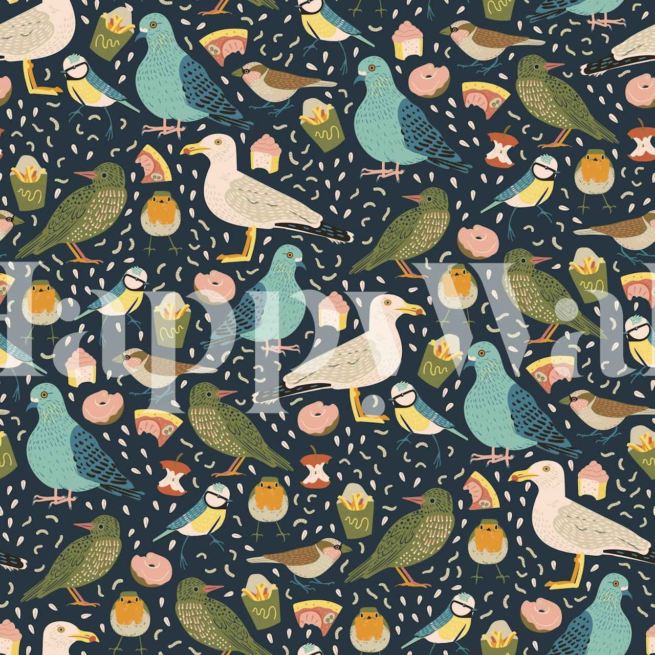 Various colorful birds on dark blue background wallpaper