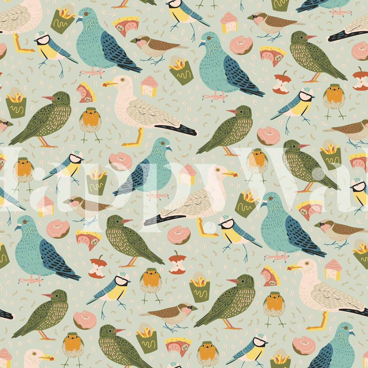 Colorful birds on light blue background wallpaper