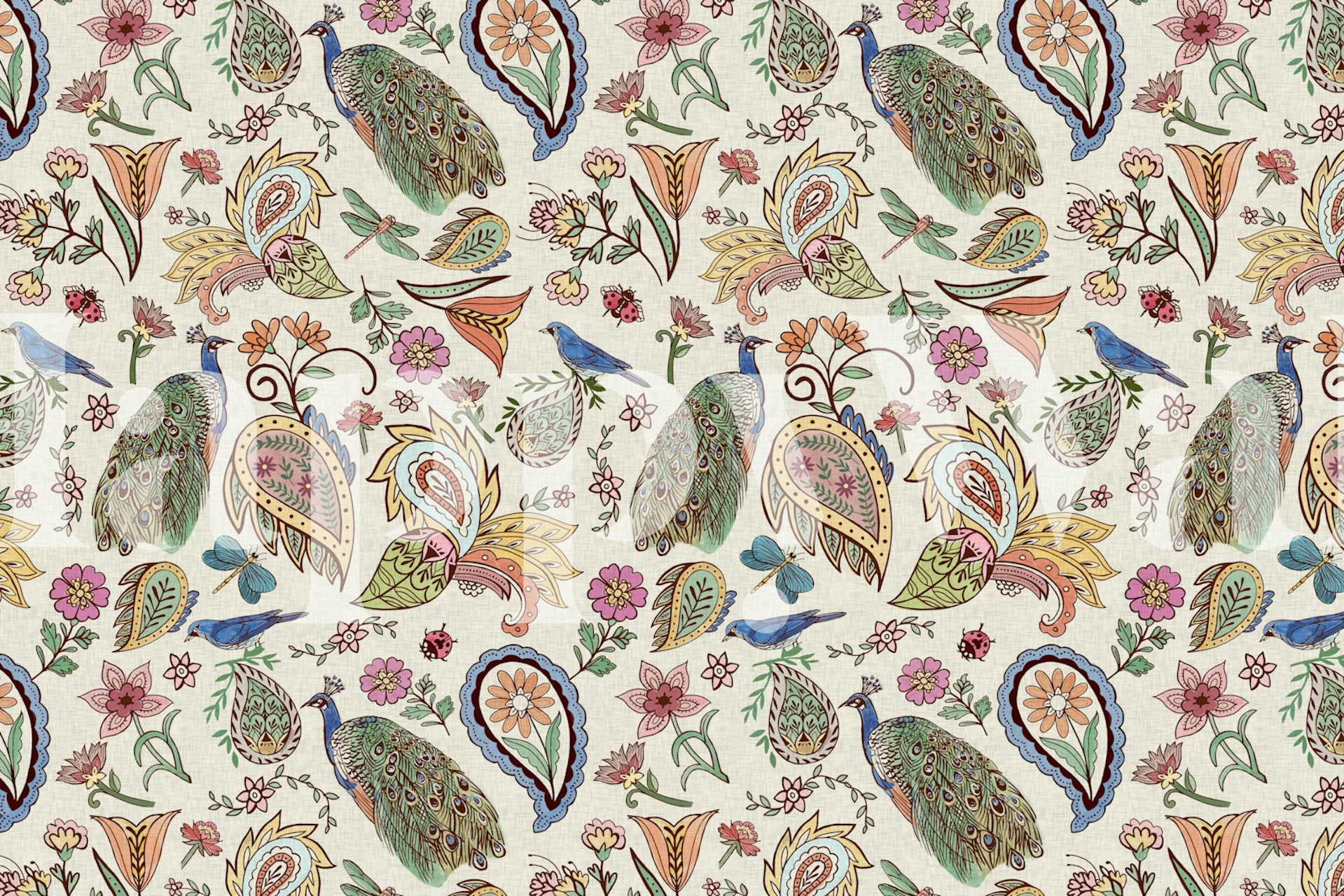 Colorful peacock and floral patterns on beige wallpaper