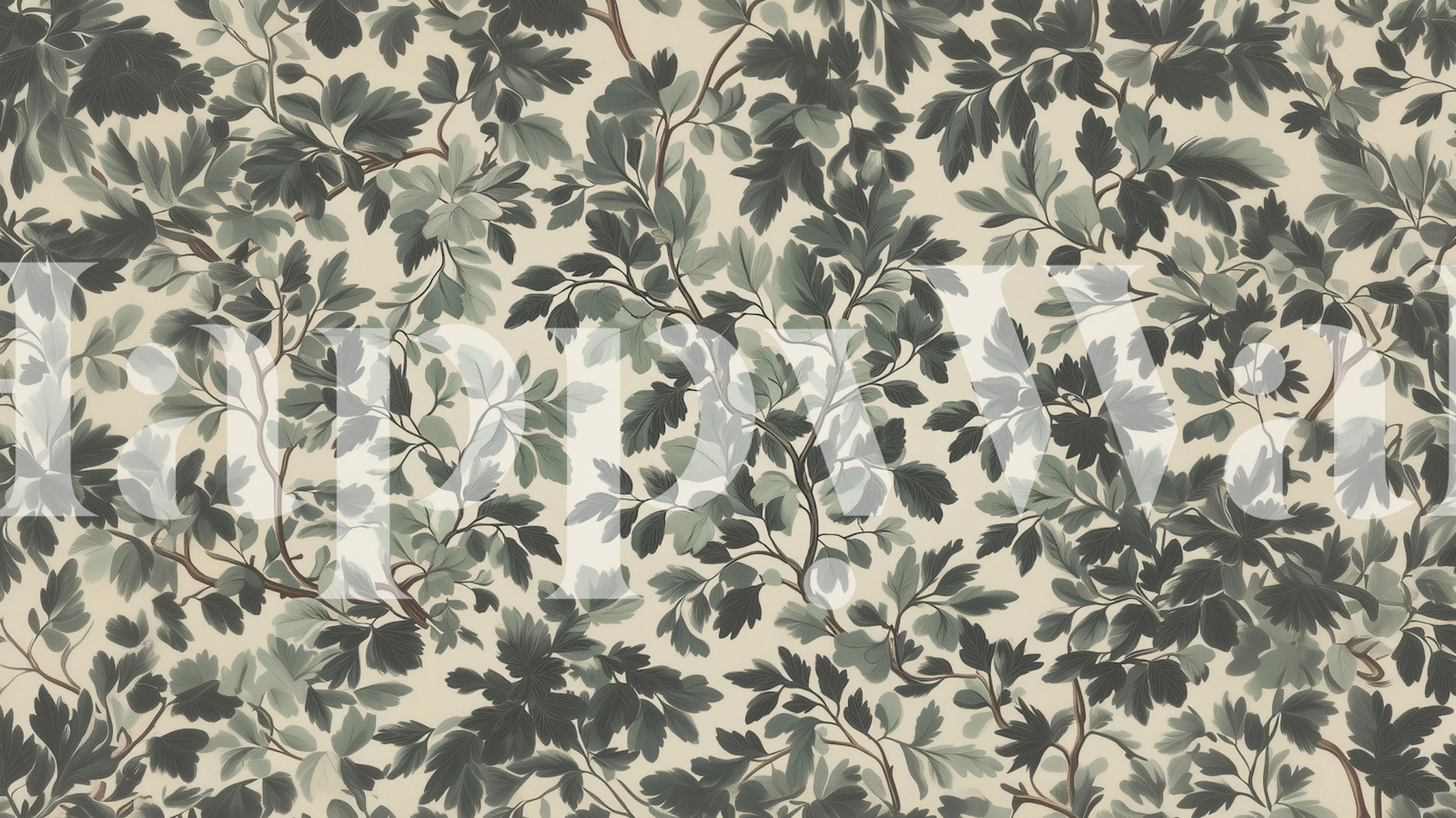 Botanical leafy pattern with dark green and soft gray hues wallpaper