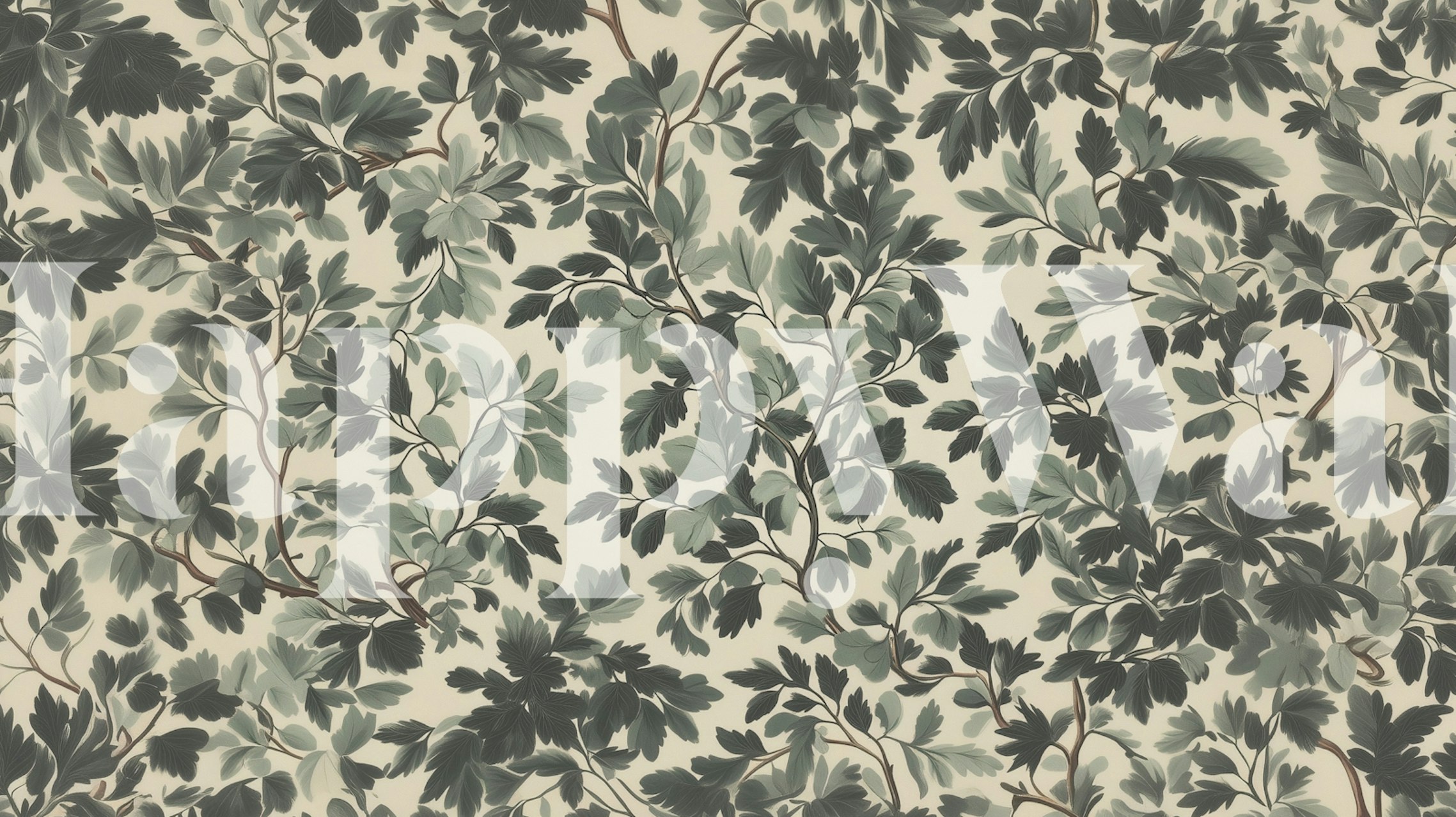 Botanical leafy pattern with dark green and soft gray hues wallpaper