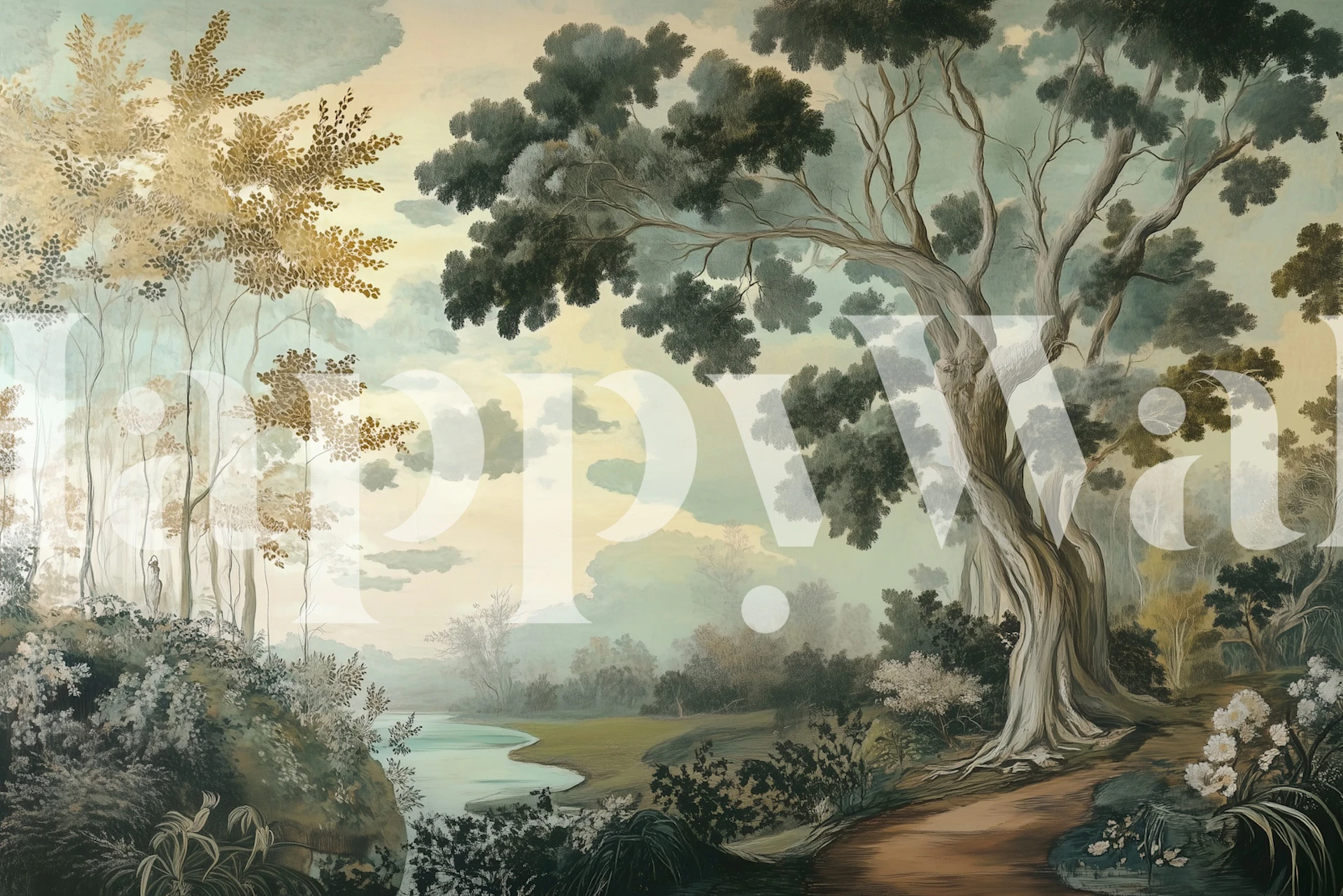 Serene woodland scene wallpaper in a room