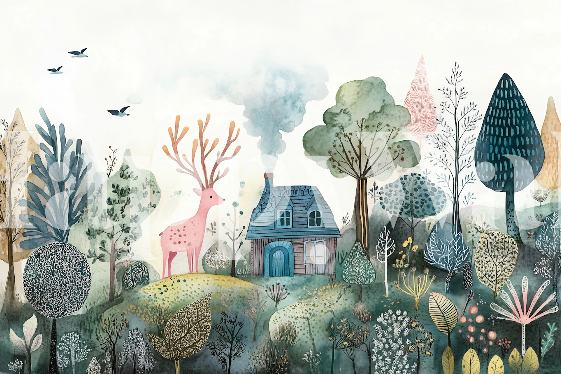 Charming Forest Cottage wallpaper in a room