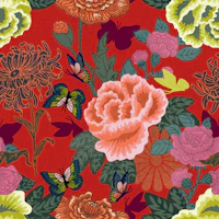 Red Floral Chinoiserie With Butterflies behang