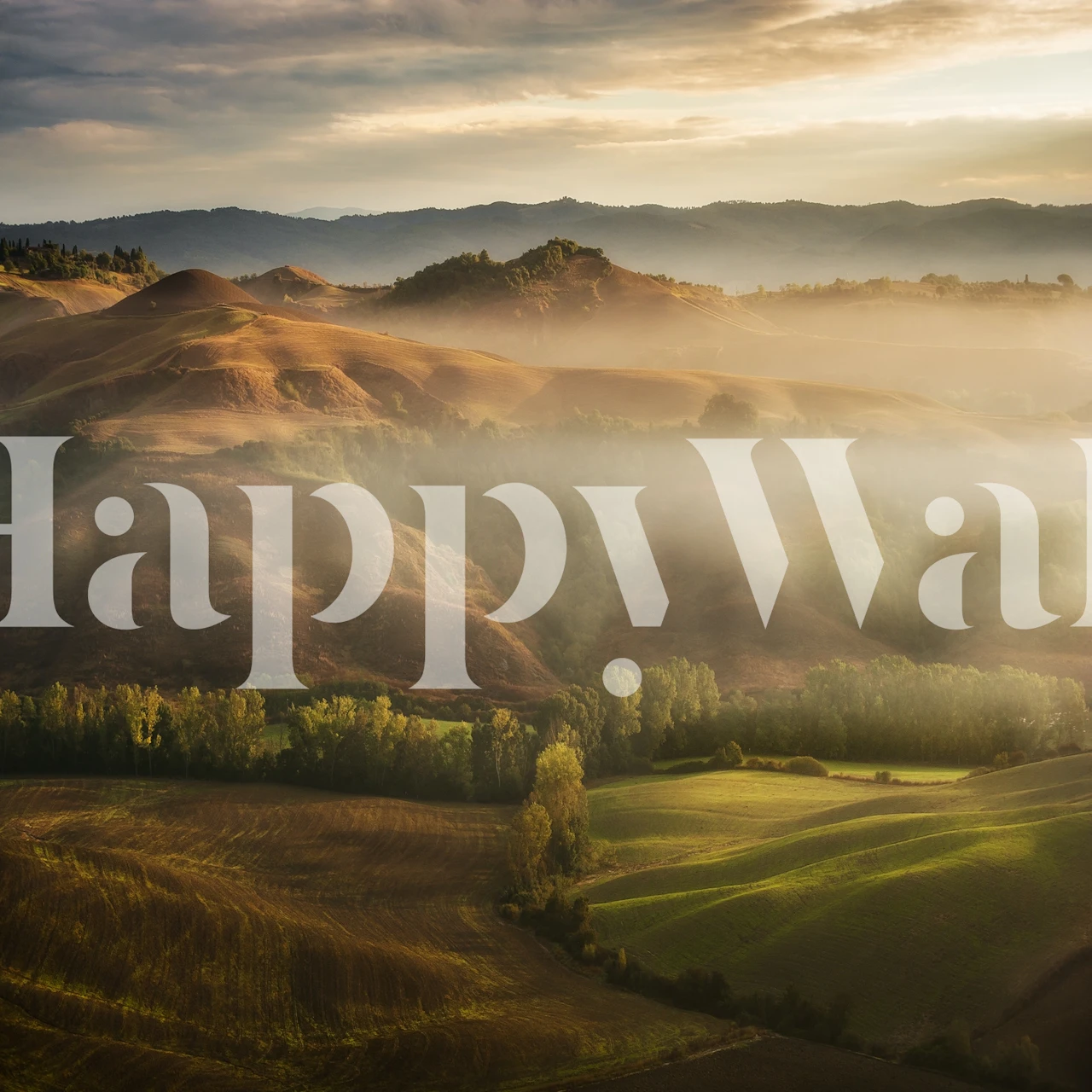 Mystieke Waving Fields Toscane muurschildering met mistige heuvels en groen