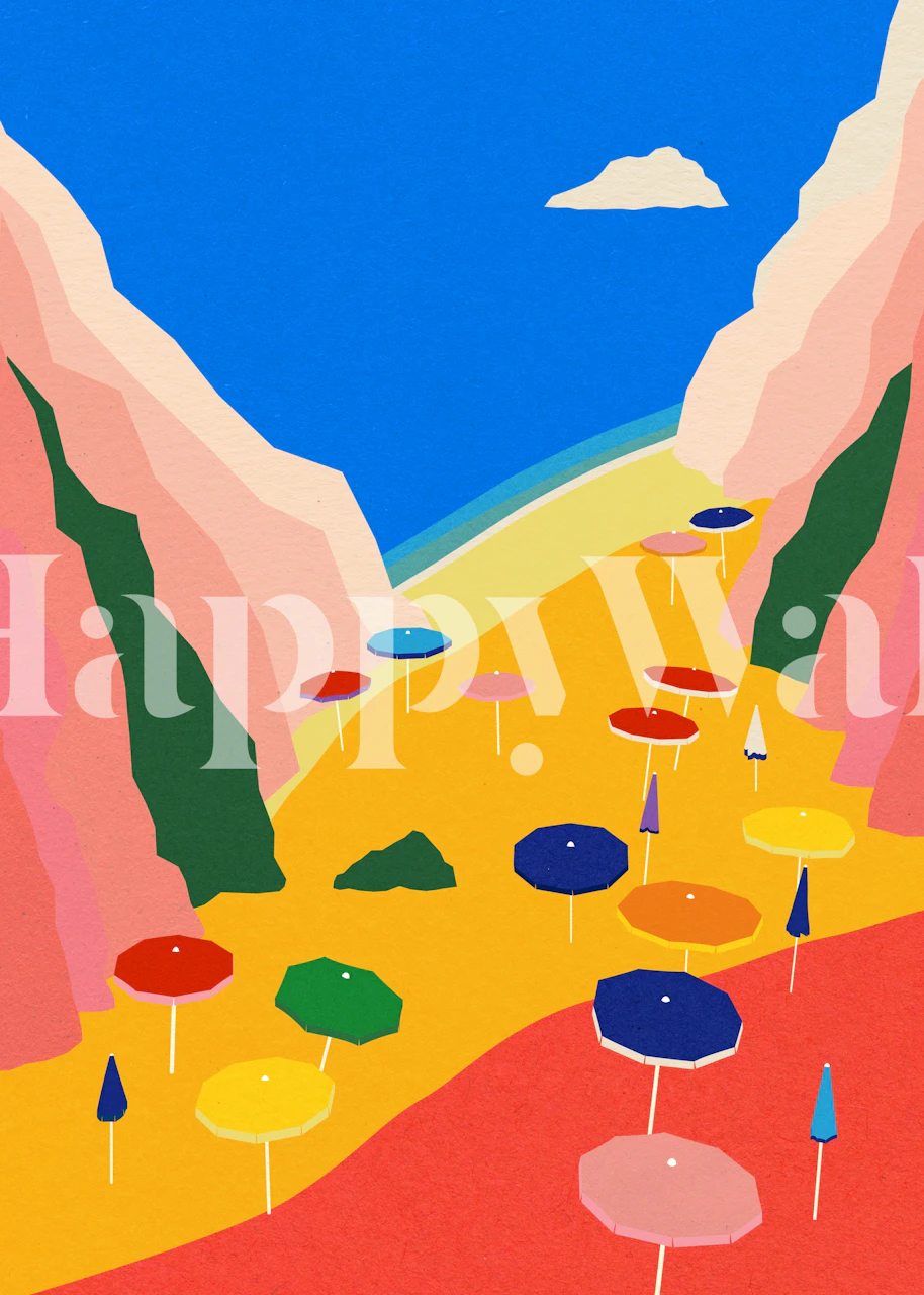 Colorful beach with umbrellas, blue sky, and mountains wallpaper