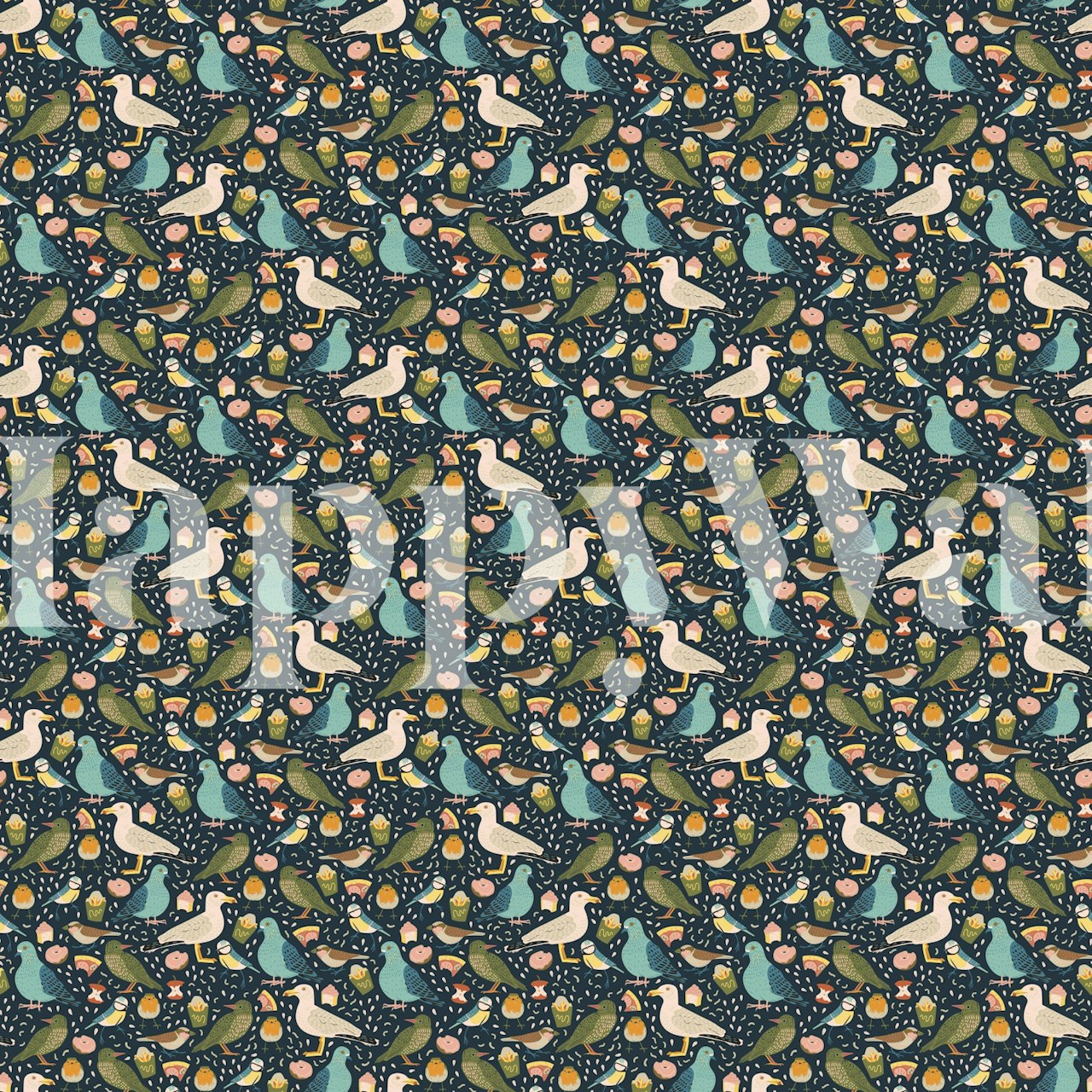 City Birds σε σχέδιο ταπετσαρίας σκούρου μπλε σε δωμάτιο