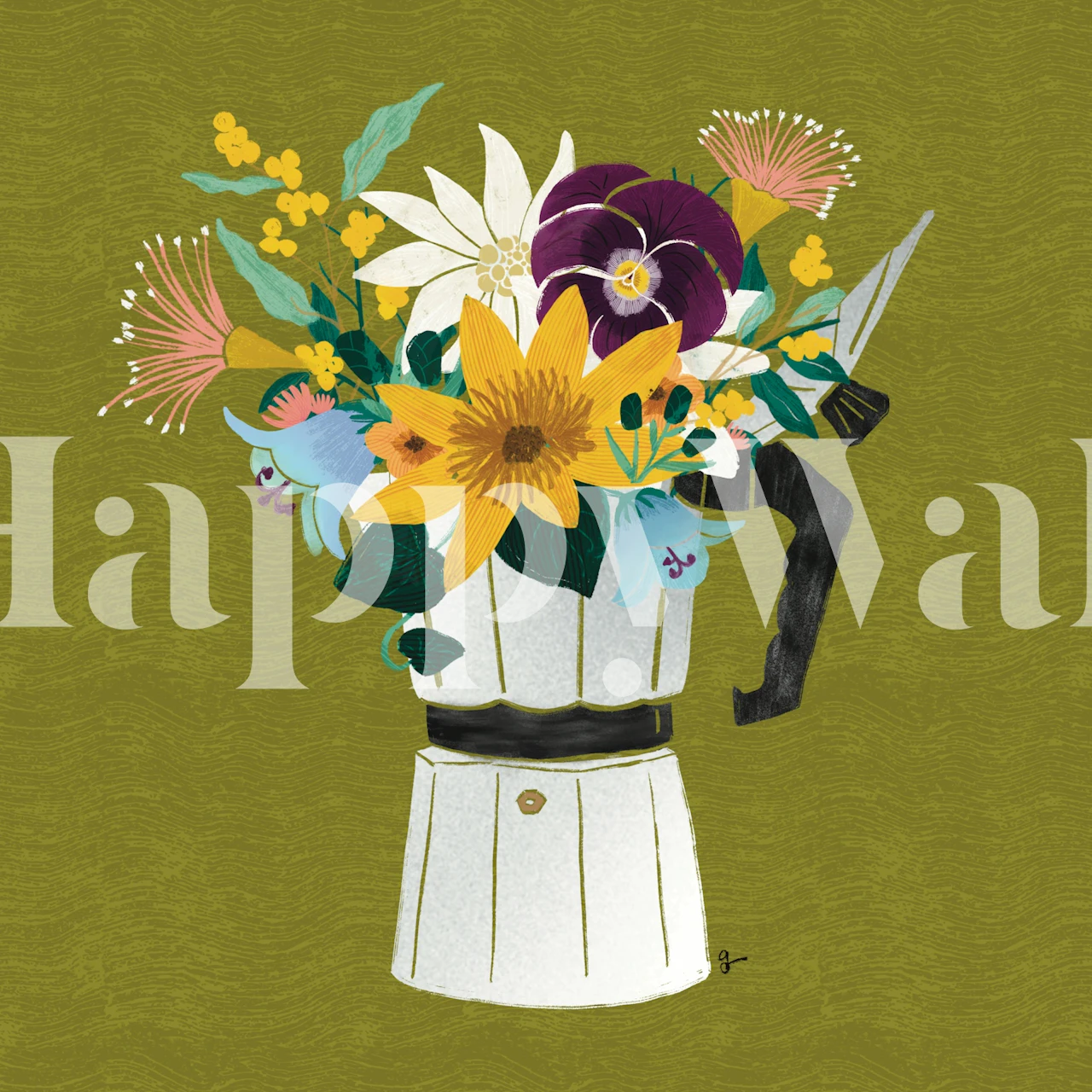 Colorful floral arrangement in a coffee pot on green wallpaper