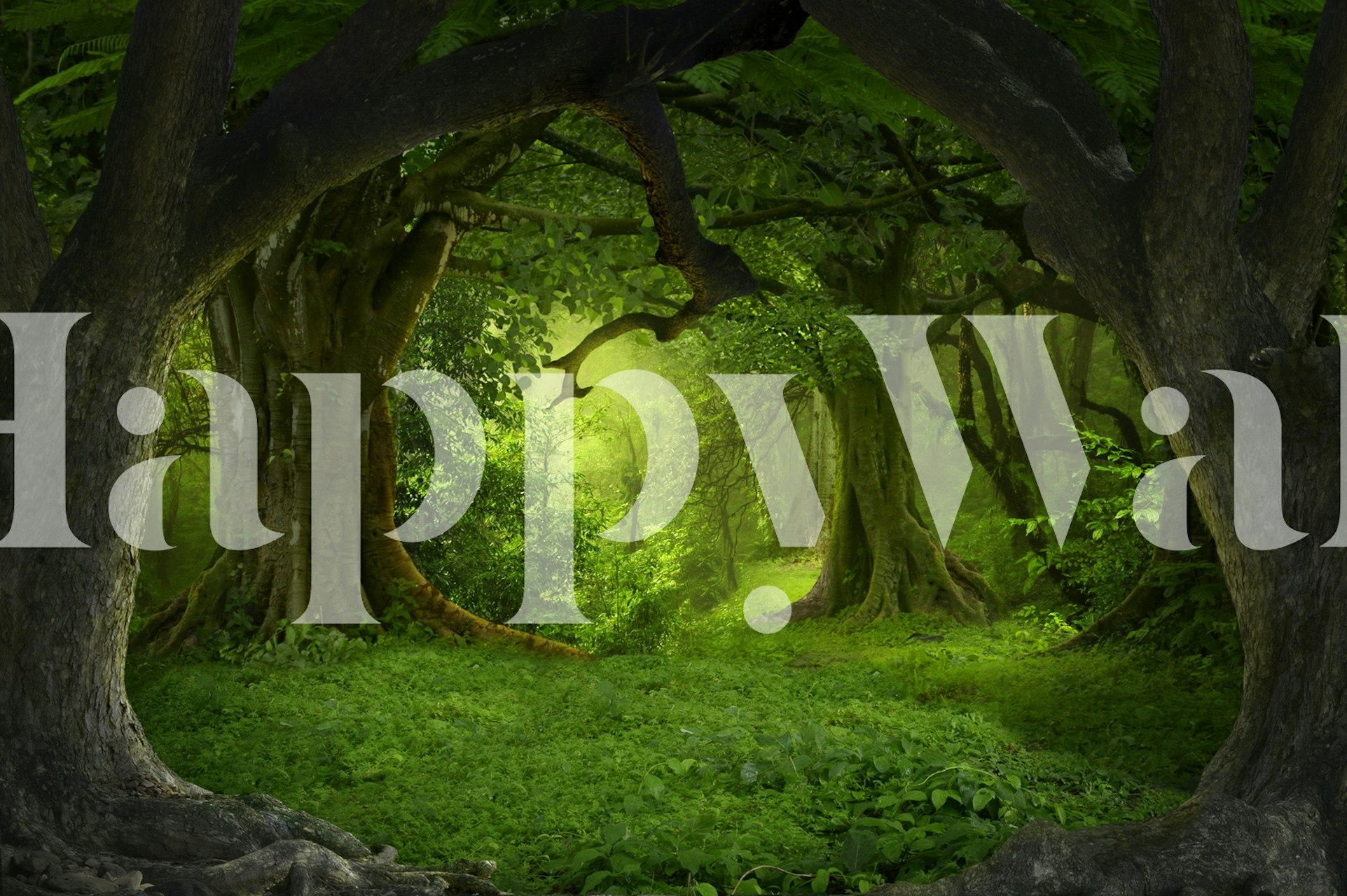 Lush green tropical jungle wallpaper with trees and foliage