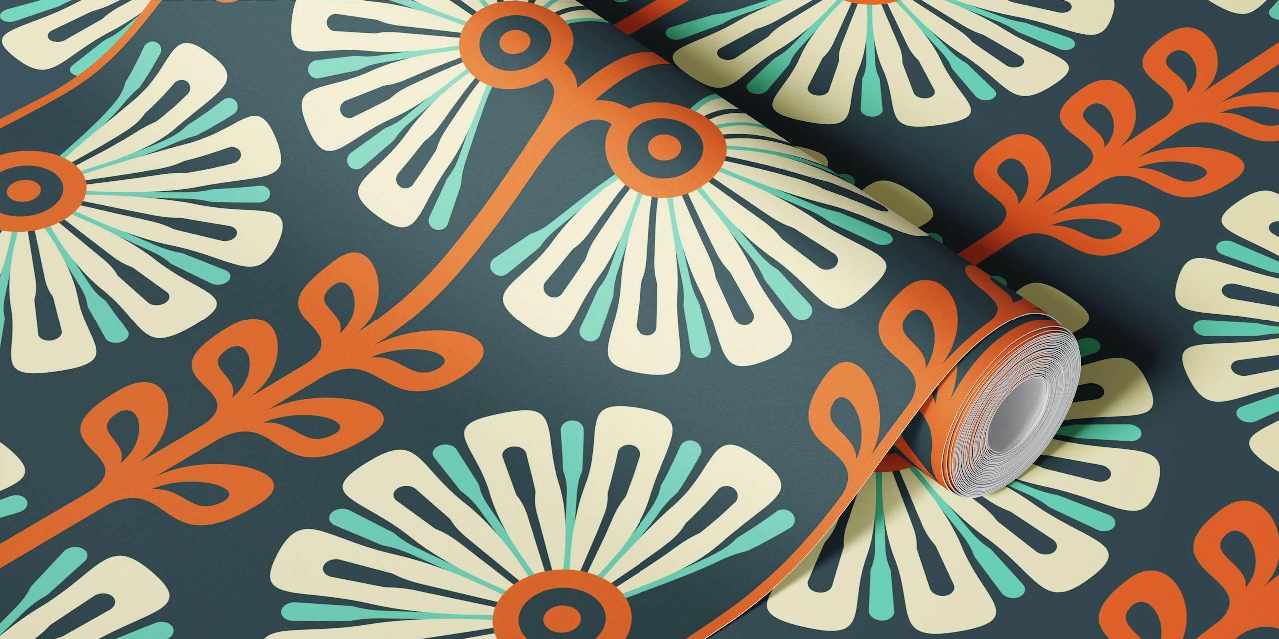 Vintage floral pattern in orange and teal on a dark background wallpaper