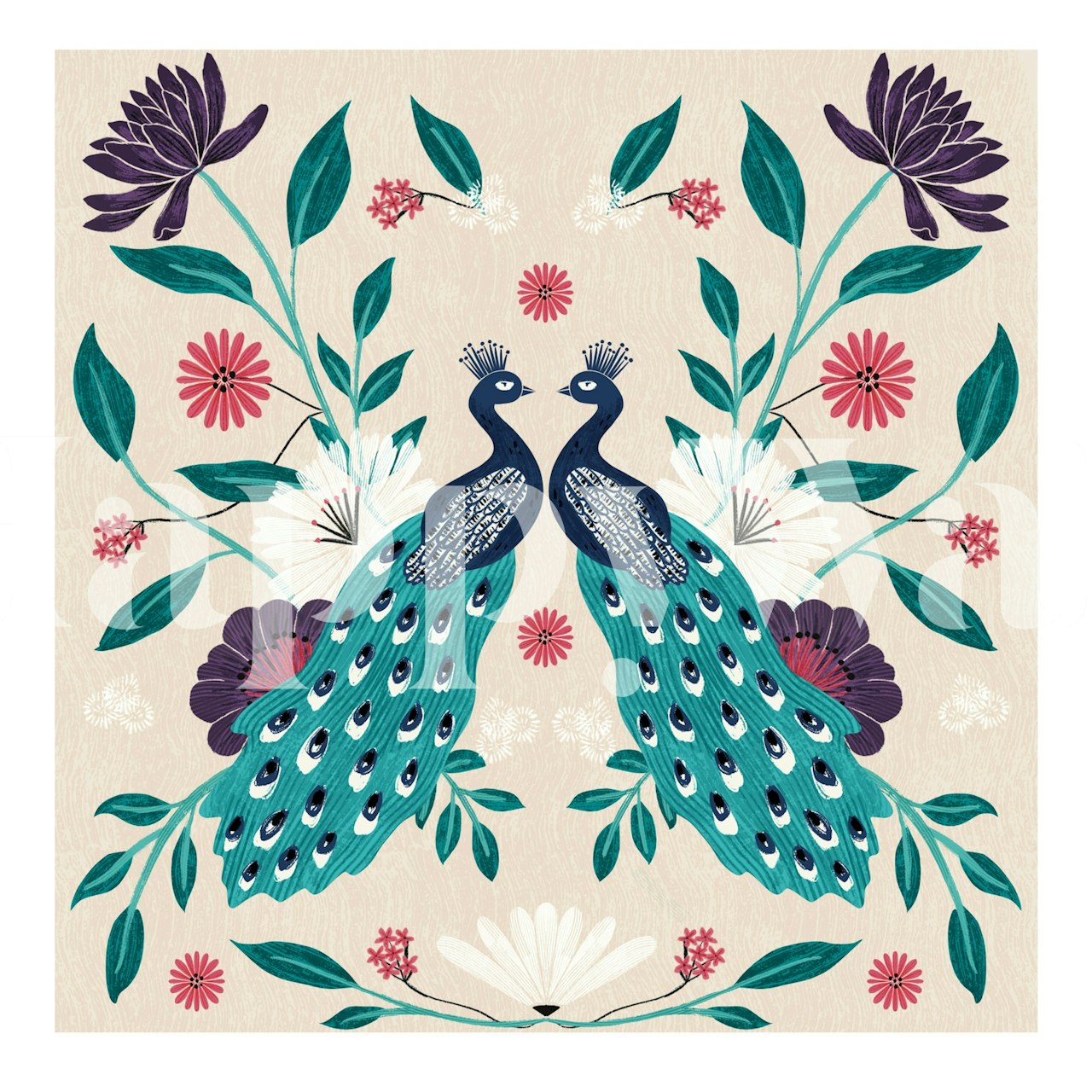 Two peacocks with teal feathers amidst colorful flowers and leaves, floral wallpaper