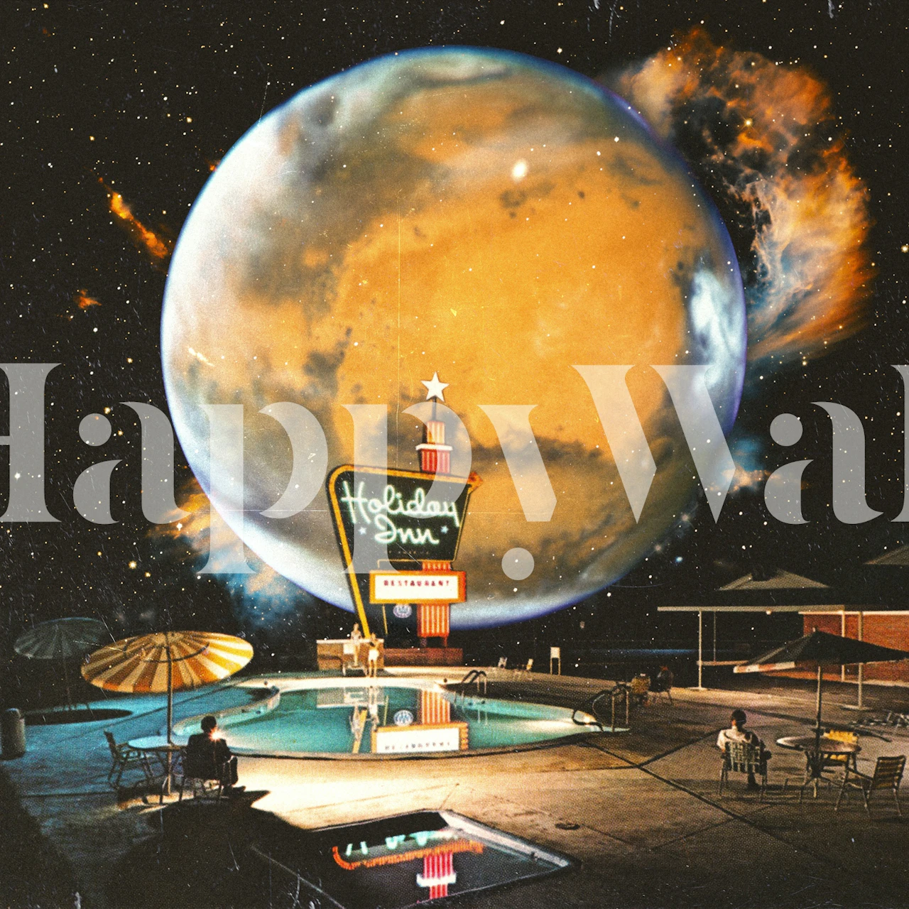 Retro space hotel scene with a large planet, pool, and vintage sign wallpaper