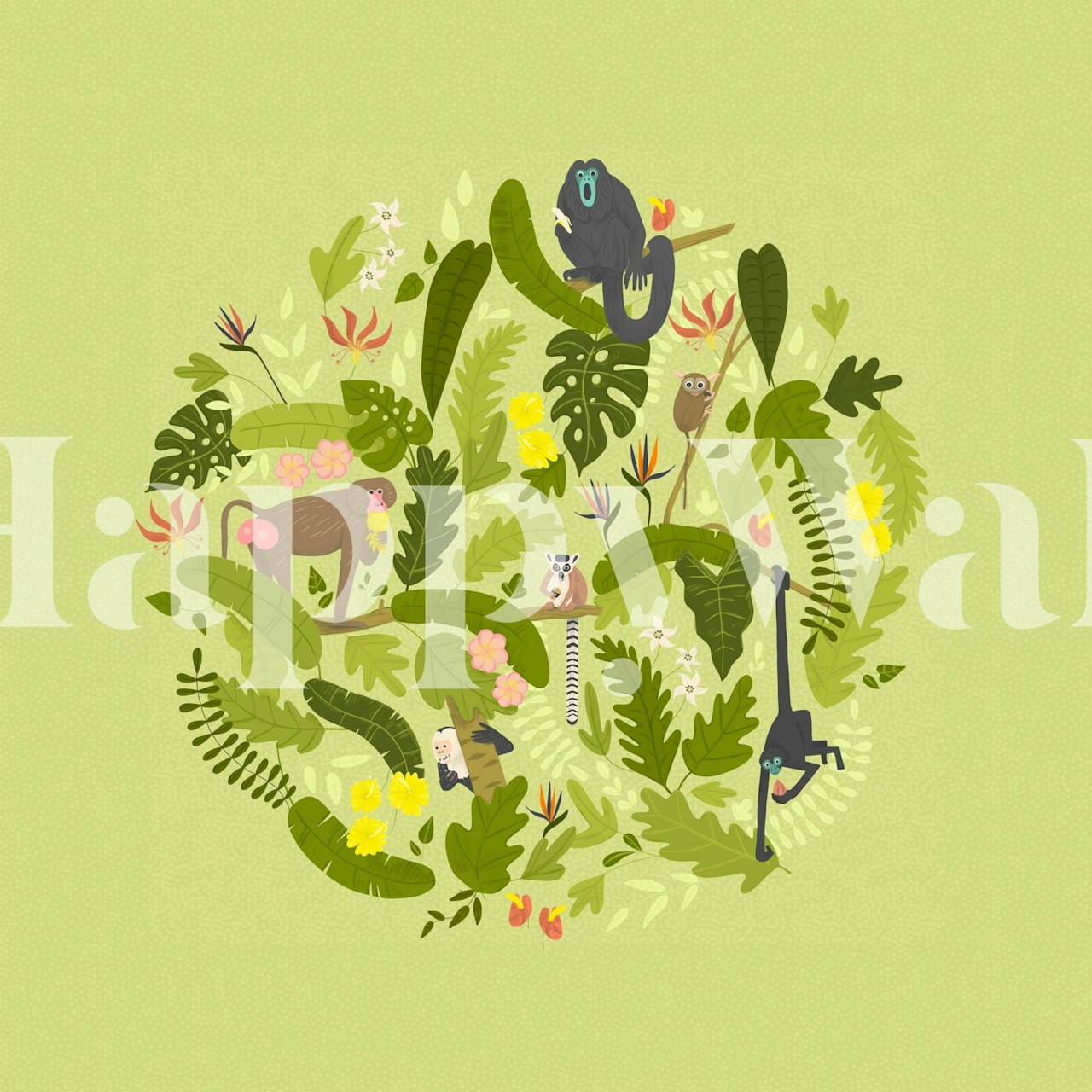 Monkeys and lemurs jungle mural wallpaper design