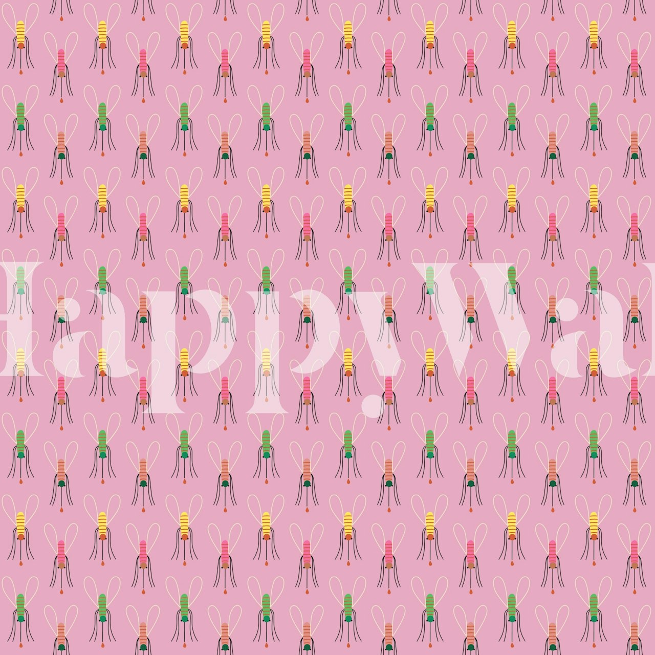 Repeated pink mosquito pattern with yellow and green details wallpaper