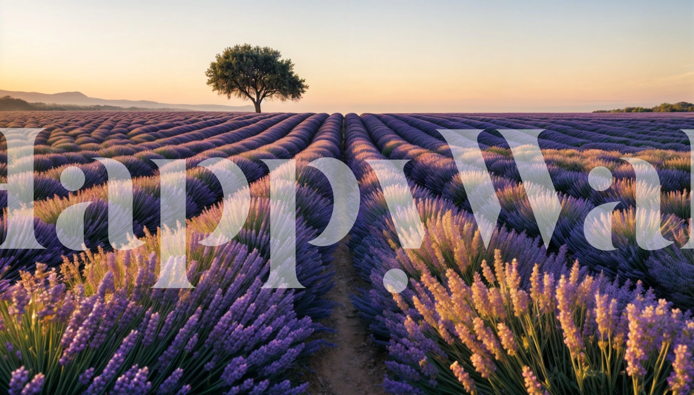 Lavender field at sunset with purple hues and a solitary tree wallpaper
