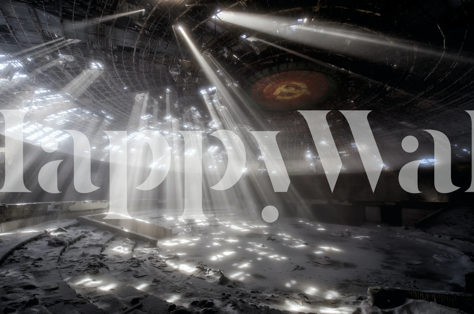 Buzludzha wall mural depicting light rays in an abandoned building