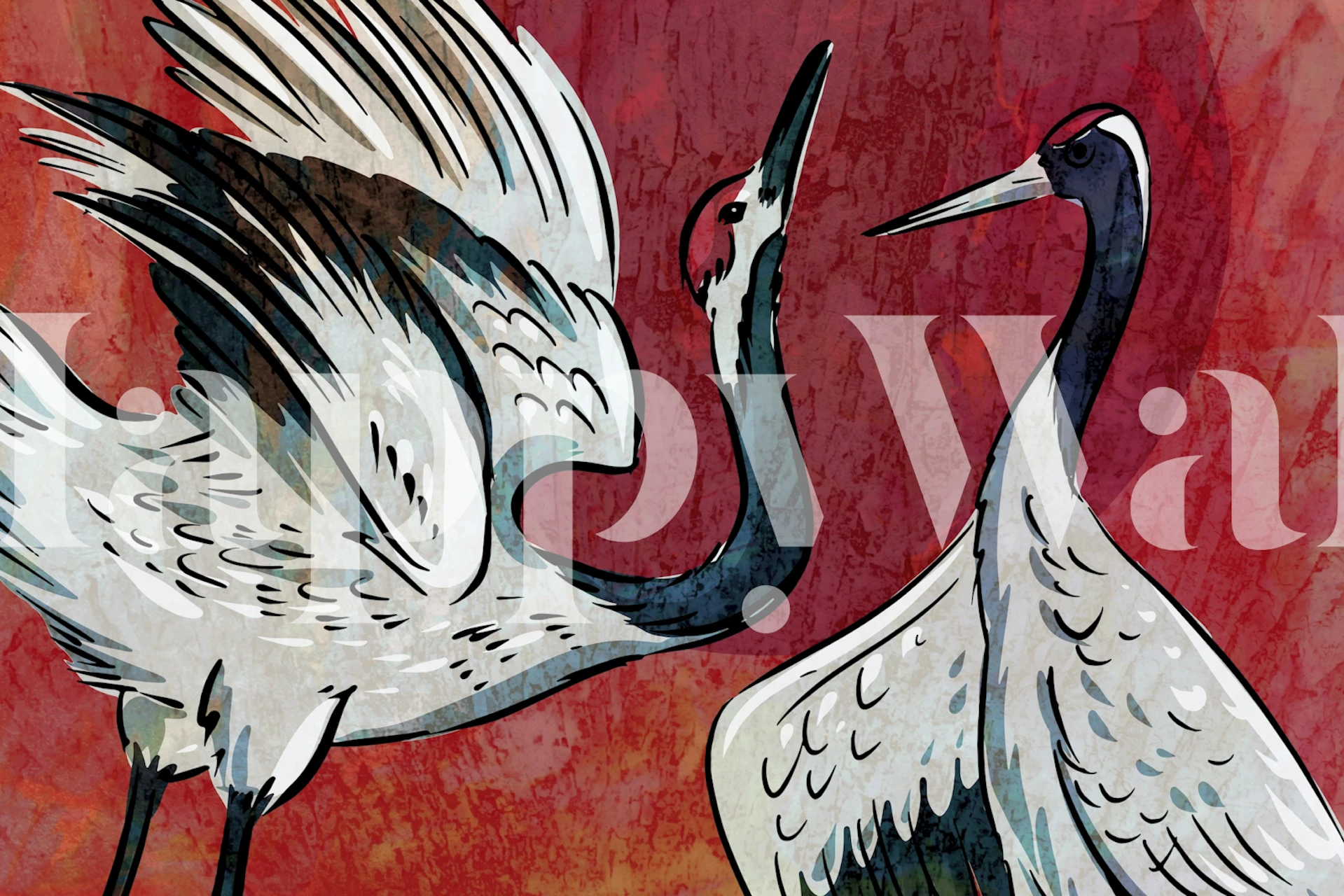 Two Japanese cranes with a red textured background wallpaper