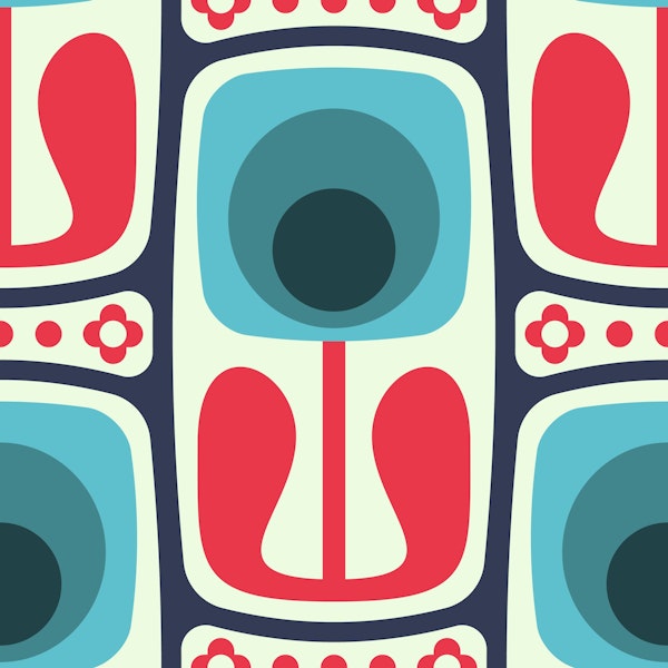 Nostalgic Retro Blooms Blue Red - L