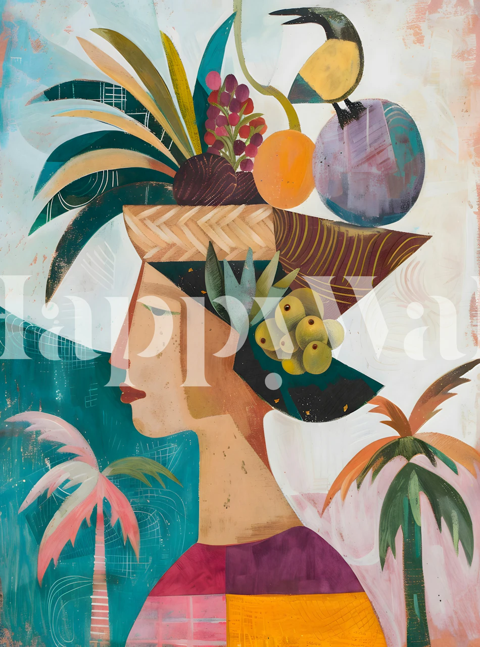 Colorful woman with tropical fruits and palm trees wallpaper