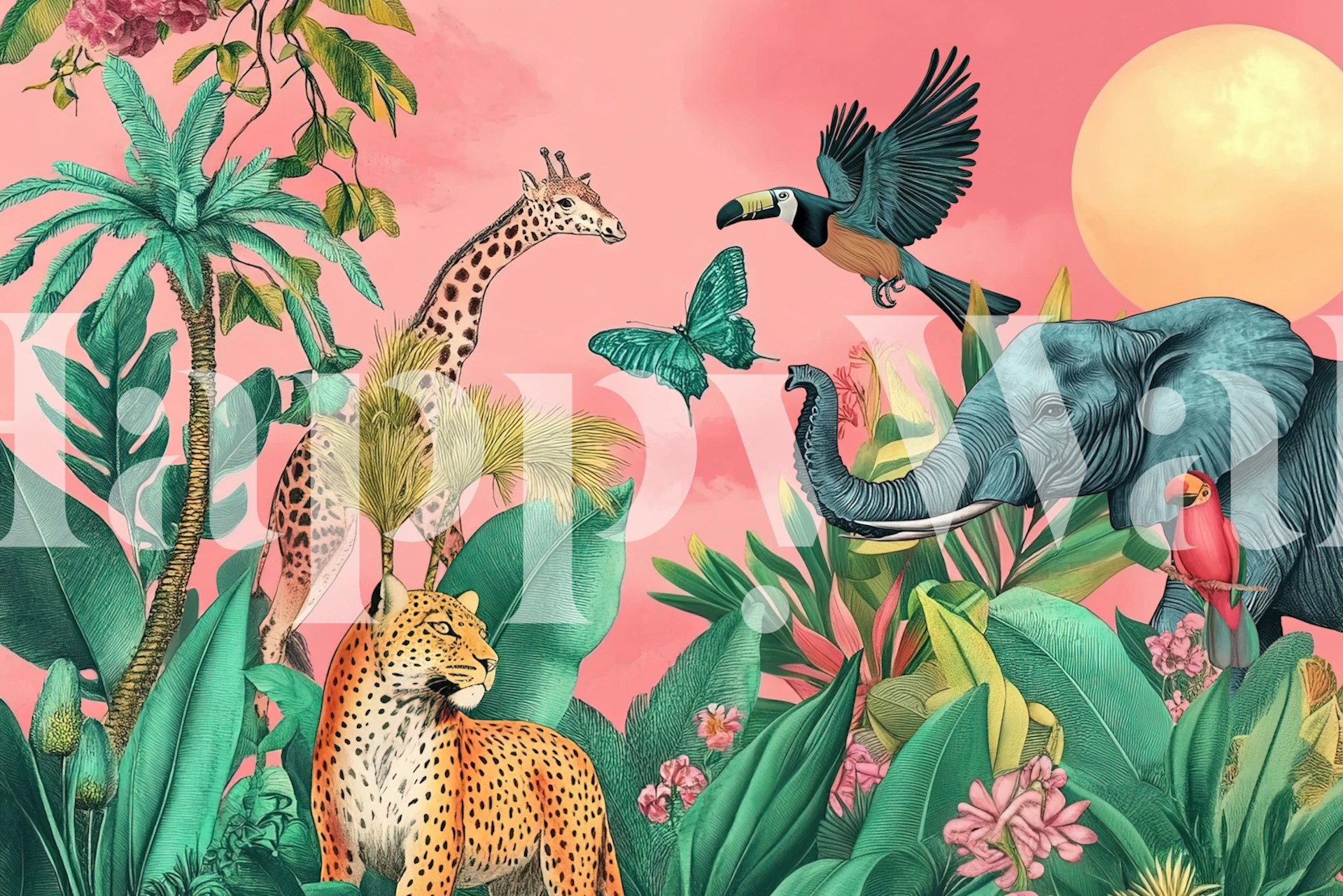 Pink Wild Jungle Tapete in einem Raum