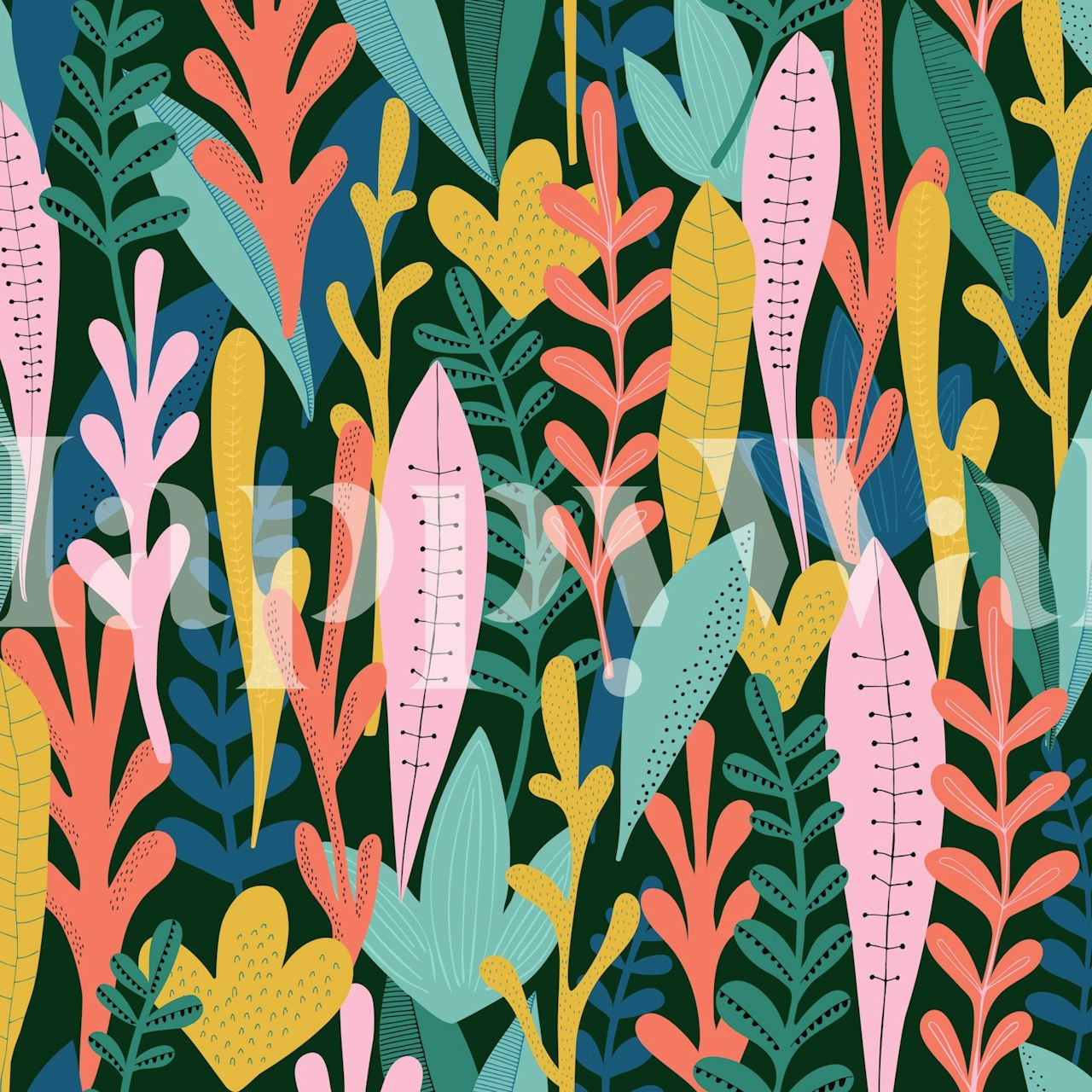 Colorful tropical leaves in pink, green, yellow on dark background wallpaper