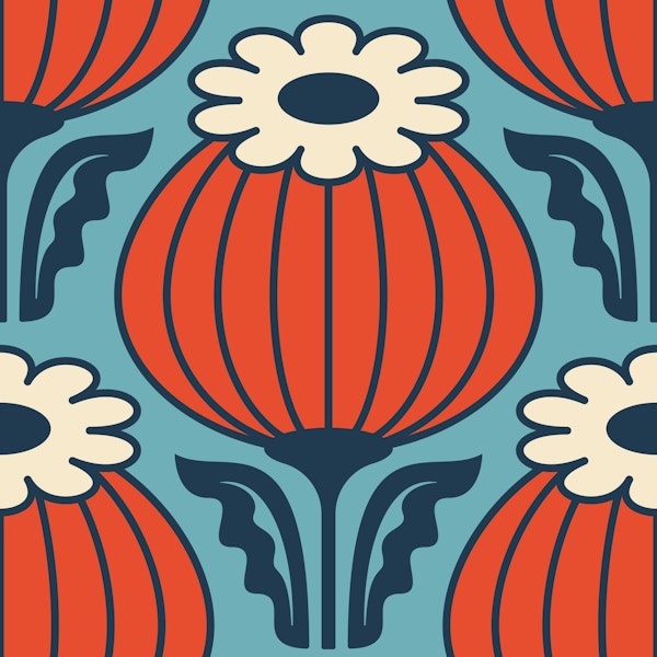 Bold Vintage Poppies Red Blue - L