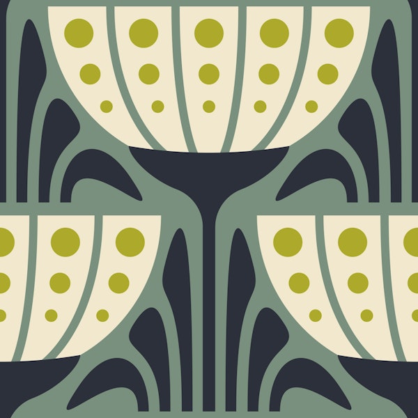 Mid-Century Blossoms in Green - L