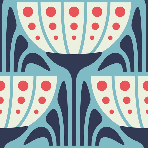 Mid-Century Blossoms in Blue Red - L