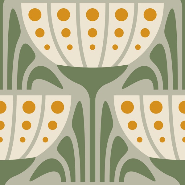 Mid-Century Blossoms in Green Yellow - L