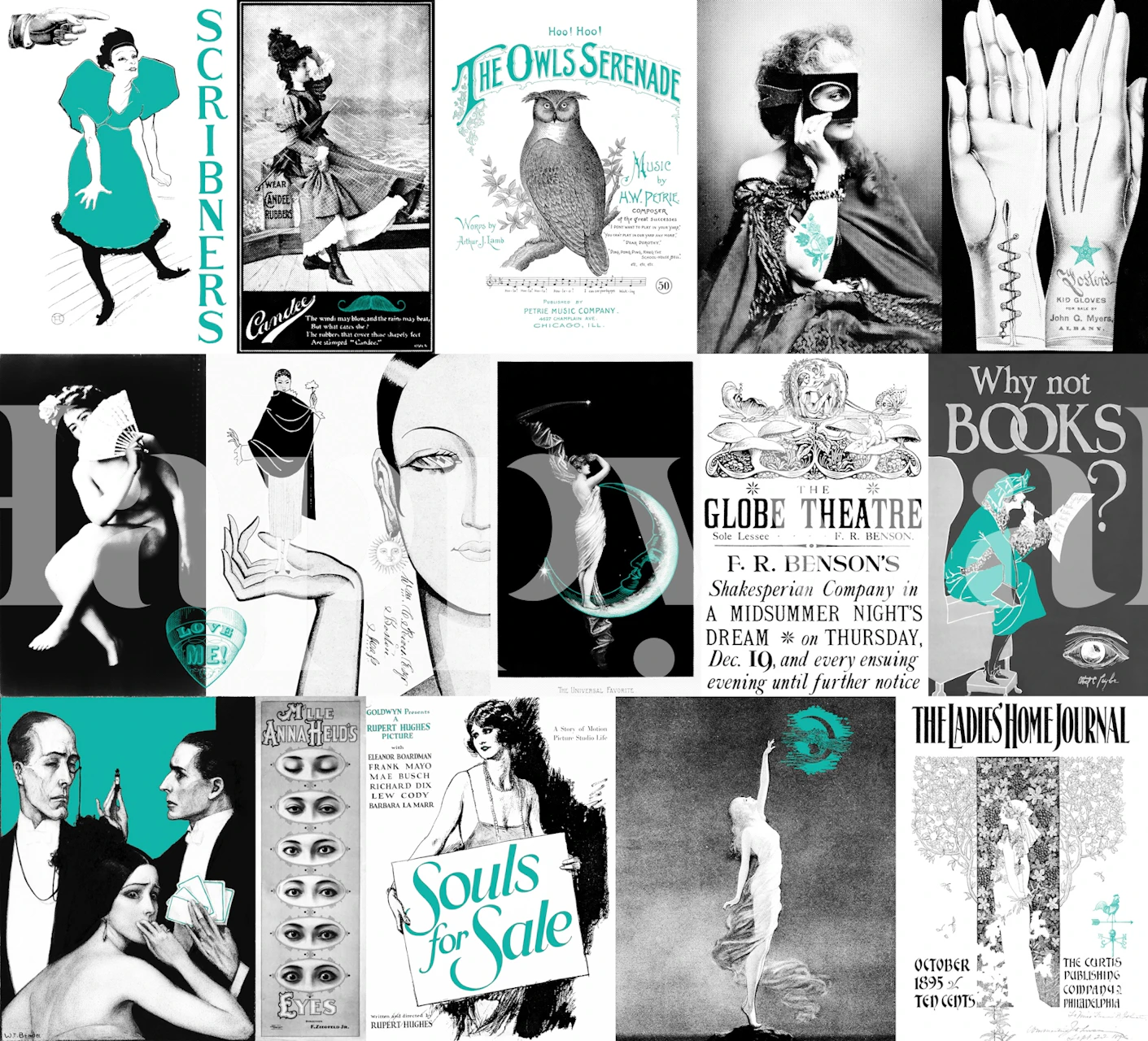 Vintage art collage in turquoise and black wallpaper