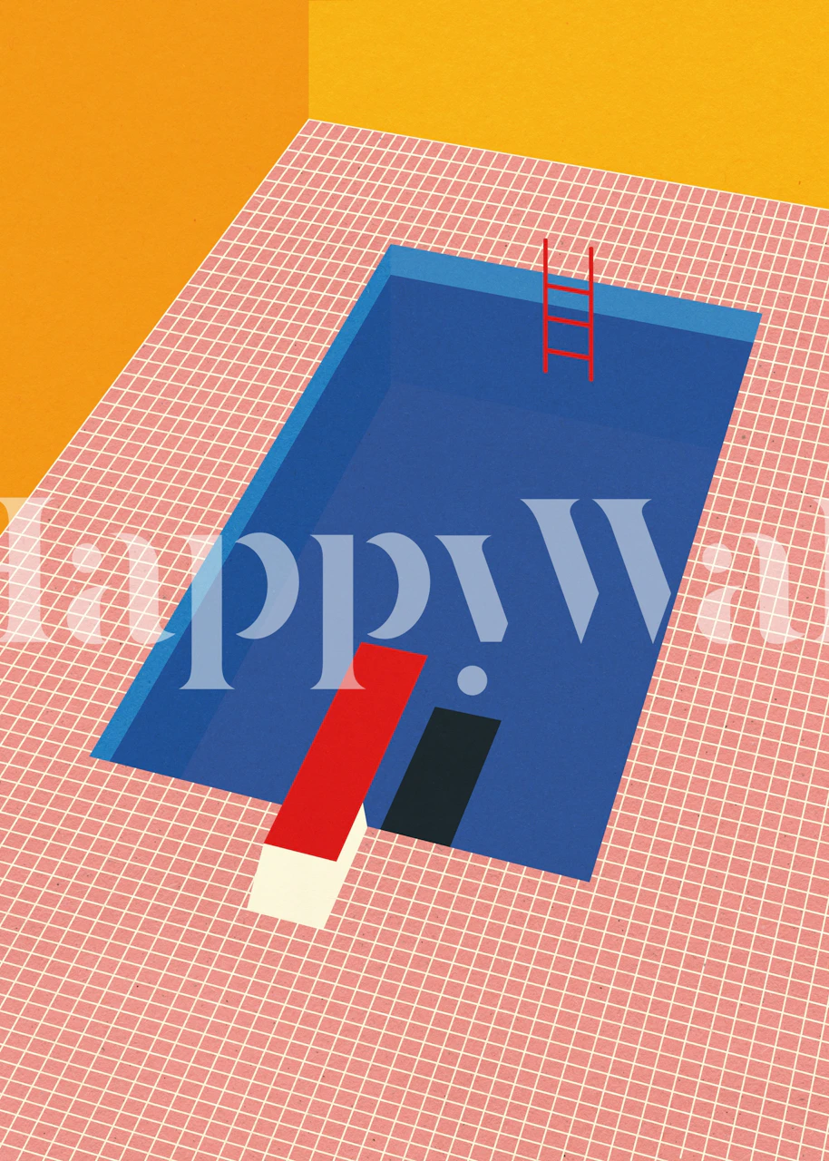 Colorful pool with blue water, red diving board, and yellow wall wallpaper