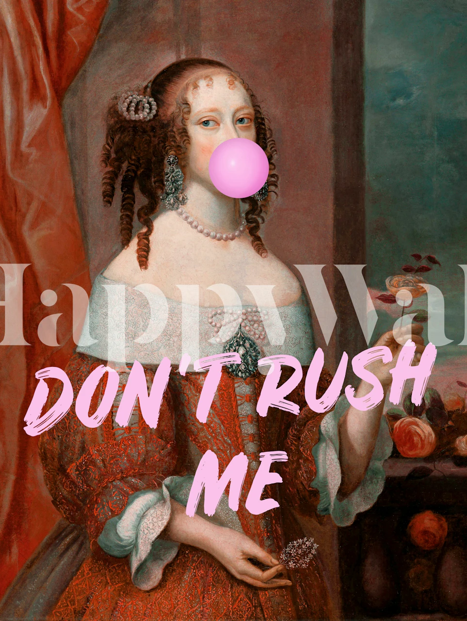 Vintage artwork of a lady blowing bubblegum with pink accents wallpaper