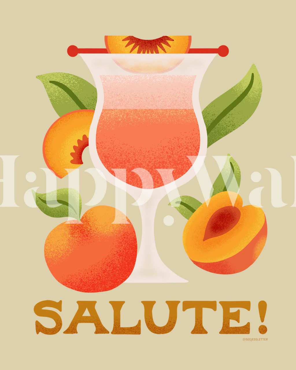 Colorful peach cocktail and fruits with green leaves wallpaper