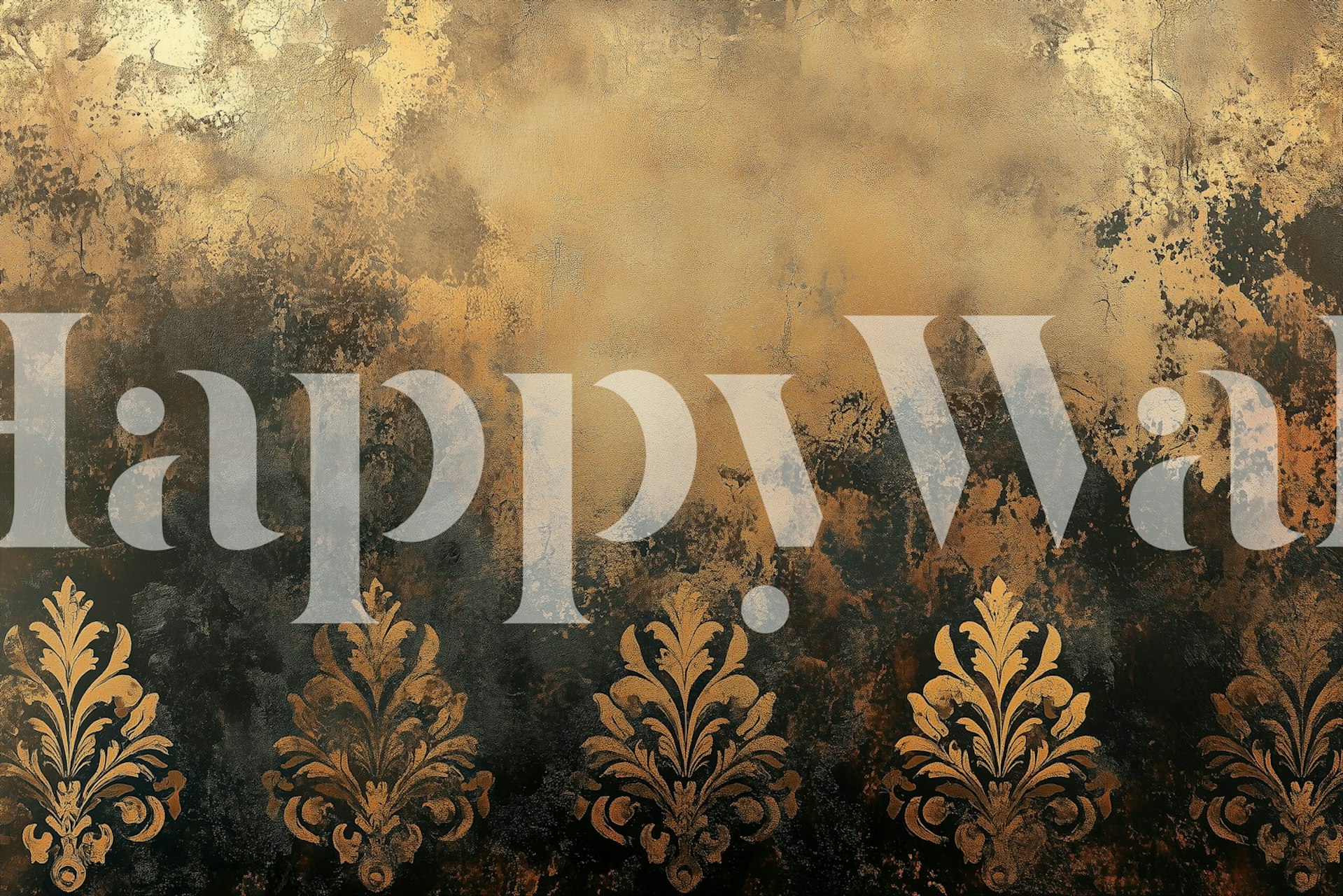 Baroque floral pattern in gold and black on textured wallpaper