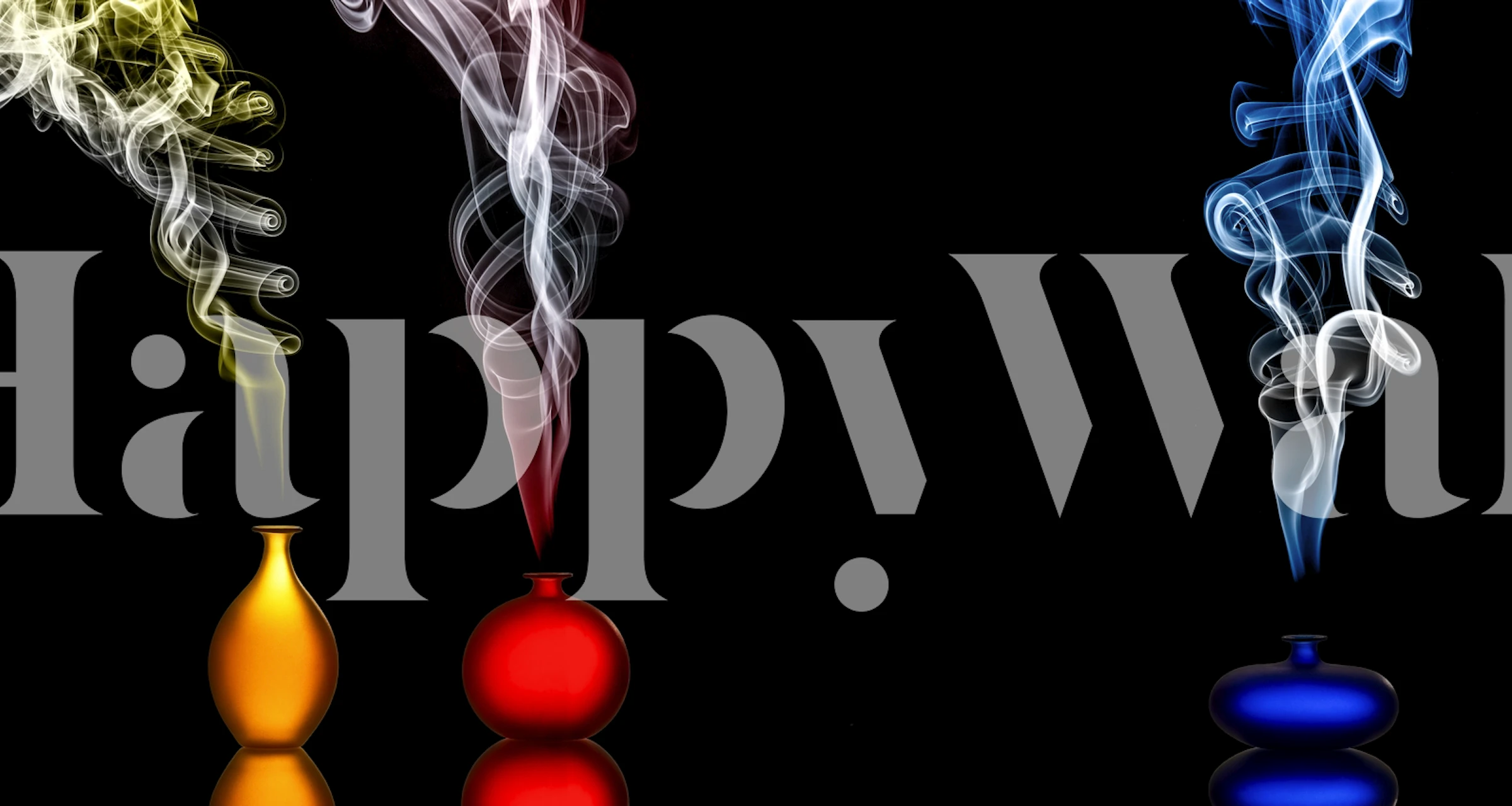 Colorful smoke in yellow, red, and blue vases against a black background wallpaper